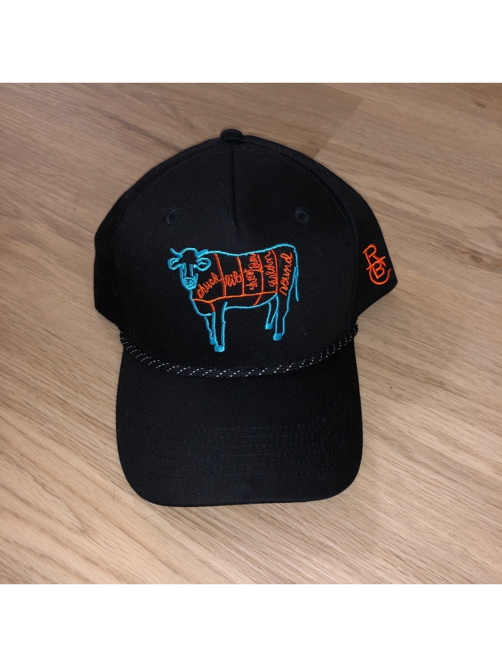 RAISED BY COYOTES BEEF CUTS COW SNAPBACK ROPE HAT CAP BUTCHER EMBROIDERED BLACK
